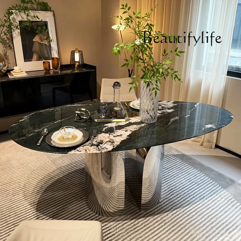 

Natural luxury stone dining table mica green marble dining table Italian minimalist light luxury villa long table drop shape