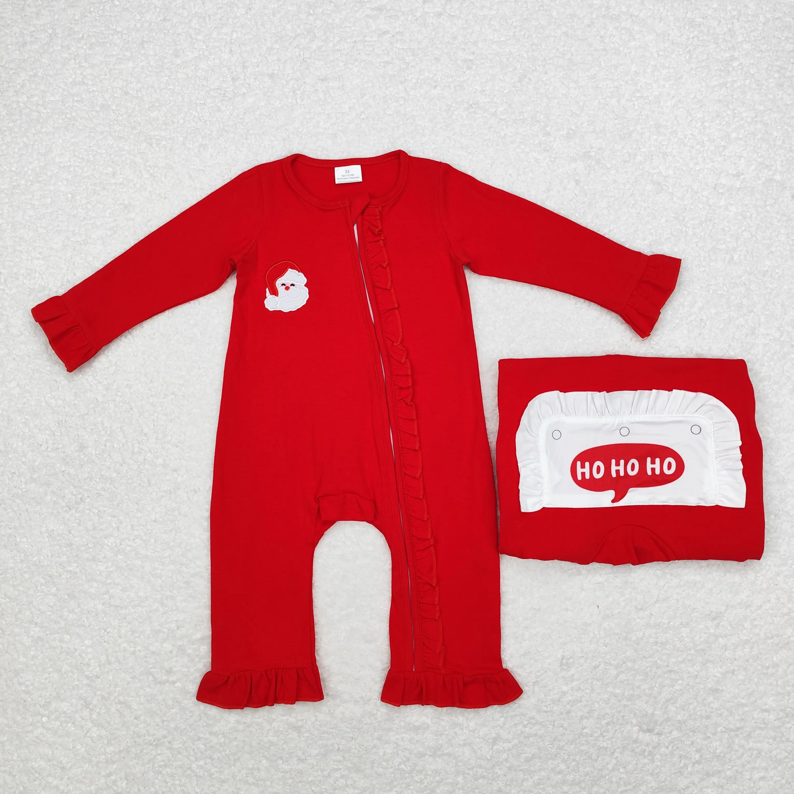 LR1668 Good Quality Baby Girl Clothes Long Sleeves Embroidered Santa Claus Lace Red Zipper Print With Jumpsuit Children Clothes