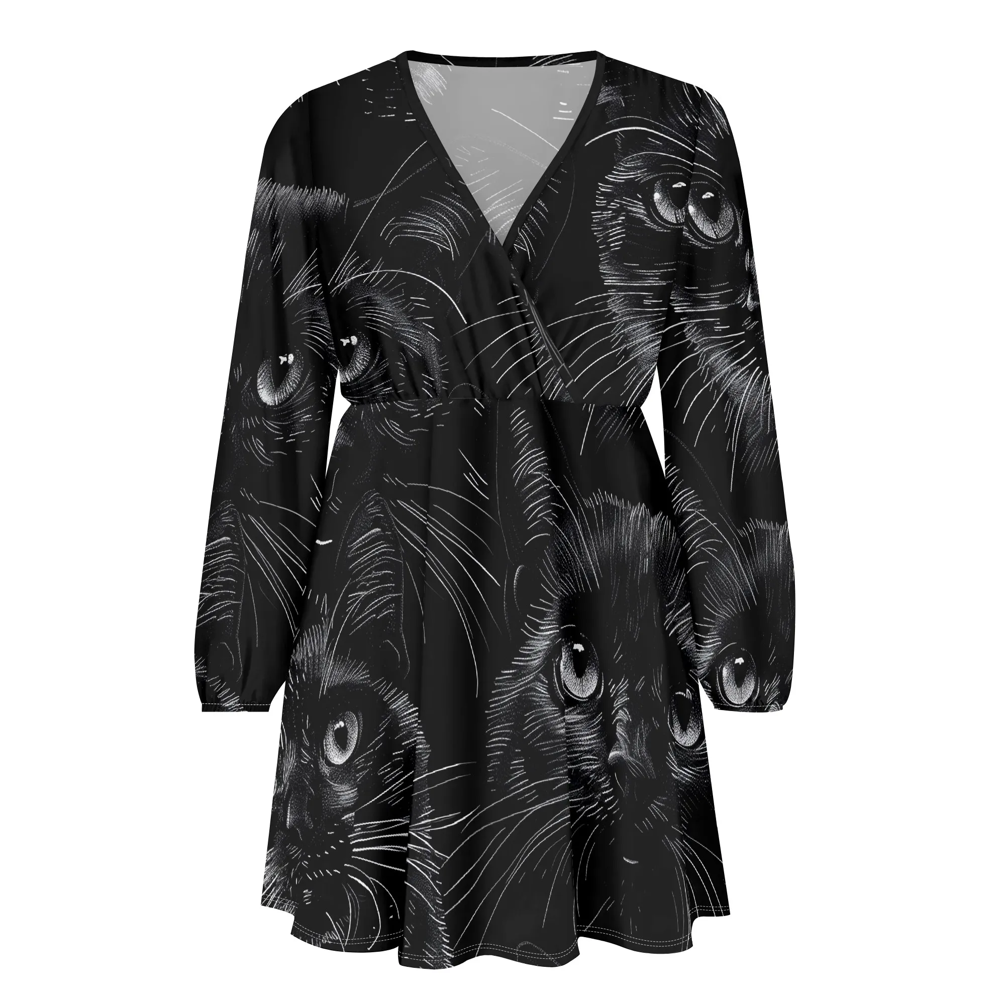 

Halloween Black Cat Print Mini Dress for Women V-Neck Long Sleeve Cute Gothic Partywear for Night Out 2025 Fall Outfit