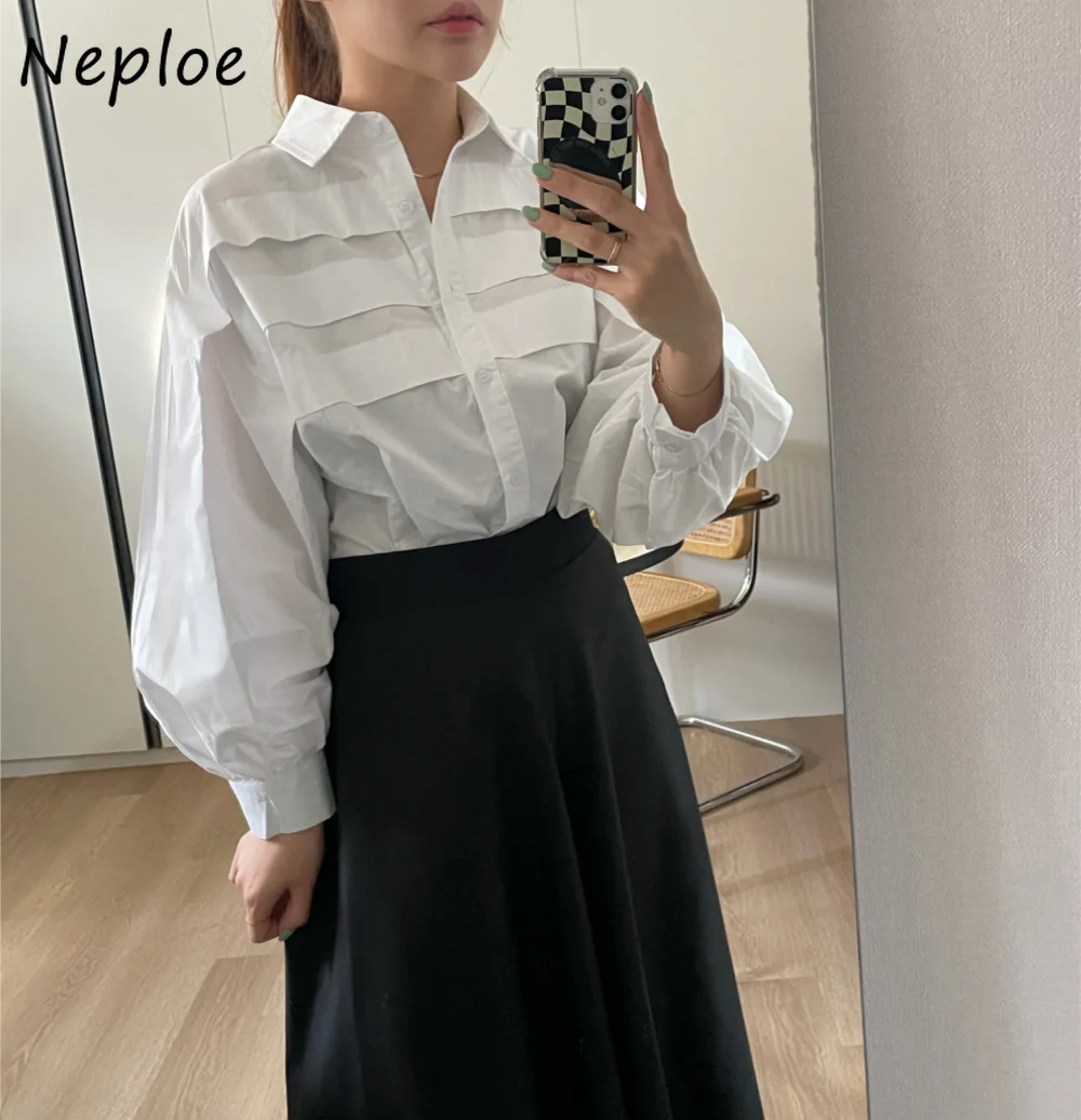 

Neploe Simple Korea Chic Commuter Loose Crop Top Solid Lantern Sleeve Elegant Stack Layer Shirt Ruched Minority Casual Blouses