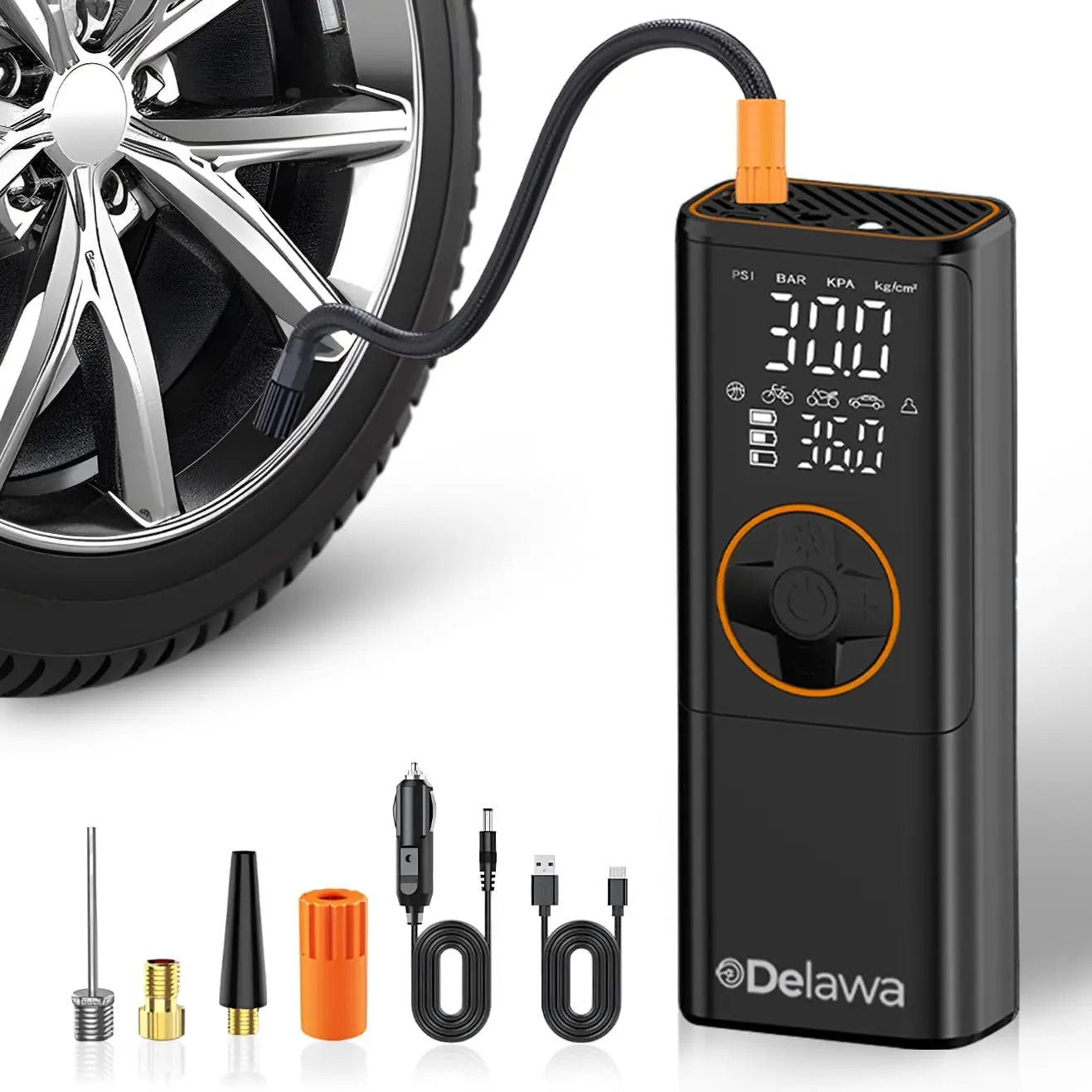 

Portable 150PSI Air Compressor with 1800mAh Battery, Digital Gauge for Car, Motorcycle, Bicycle Tires