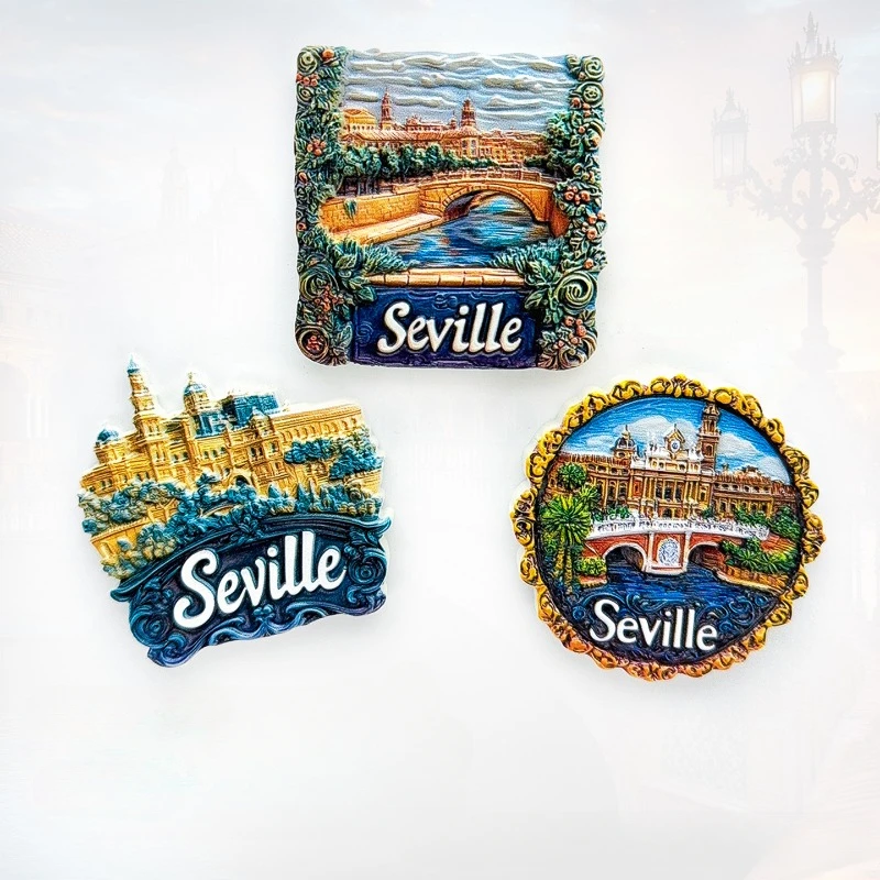 Pegatinas para refrigerador de edificios emblemáticos de la ciudad de Sevilla España, decoraciones creativas para el hogar, pegatinas magnéticas, recuerdos
