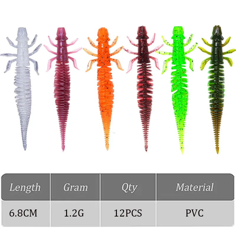 12 Stück 6,8 cm Larven-Angelköder aus PVC, bionische Fischimitationen mit Salzen, Kunstköder für Barsch und Hecht, Plastik-Swimbait-Fischköder