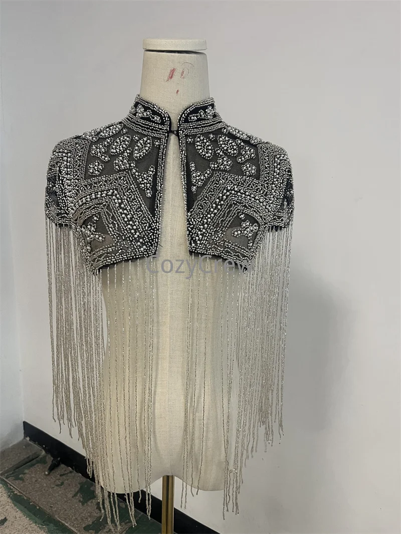 Retro Luxury Sequin Beaded Fringe Tassel Short Shrug Jacket, Women Elegant Formal Bolero Cape Shawl Wrap Sequined Evening Wrap - view 4