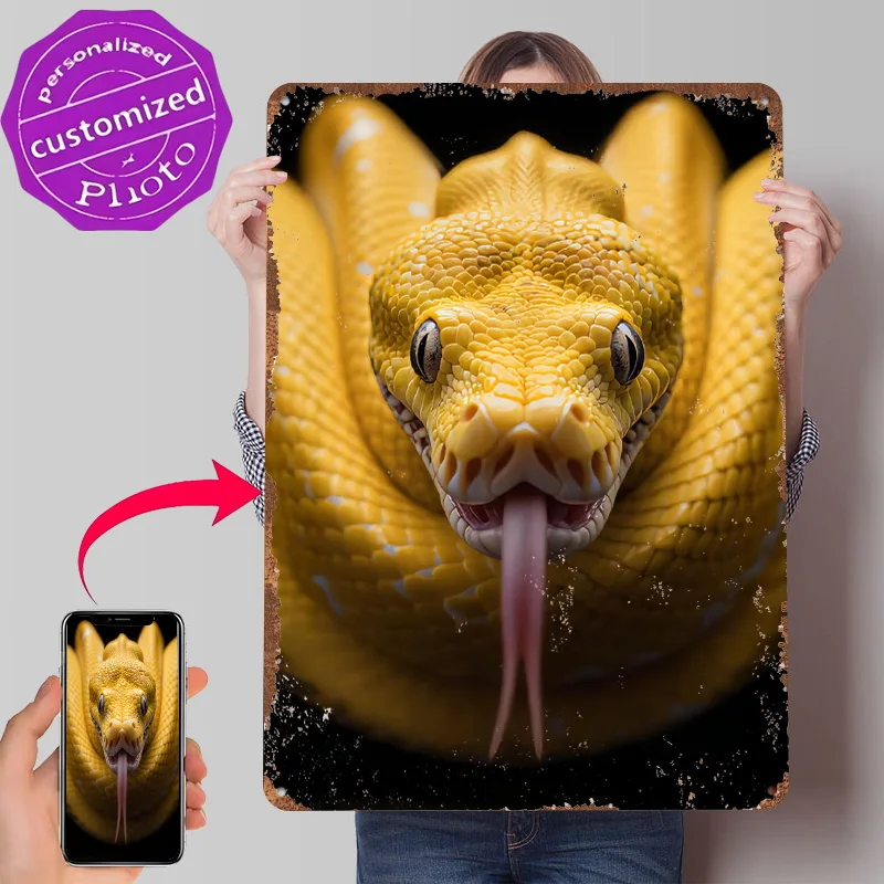 Yellow Python With Forked Tongue Metal Poster Customized Wall Art Retro Vintage Metal Signs for Man Cave Home and Decoration
