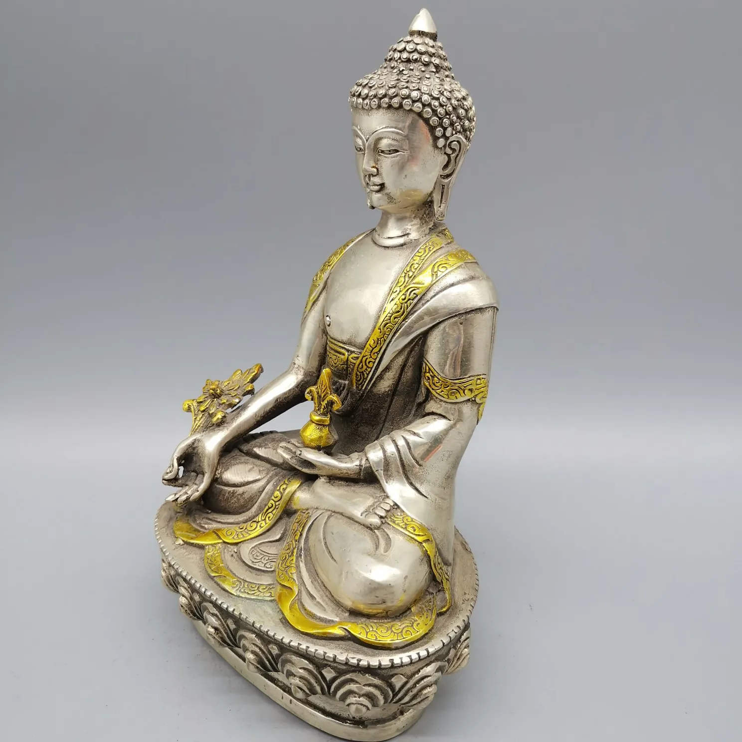 Collectibles Chinese Fengshui White Copper Carving Handicraft Medicine Buddha Pharmacist Health And Longevity Statue