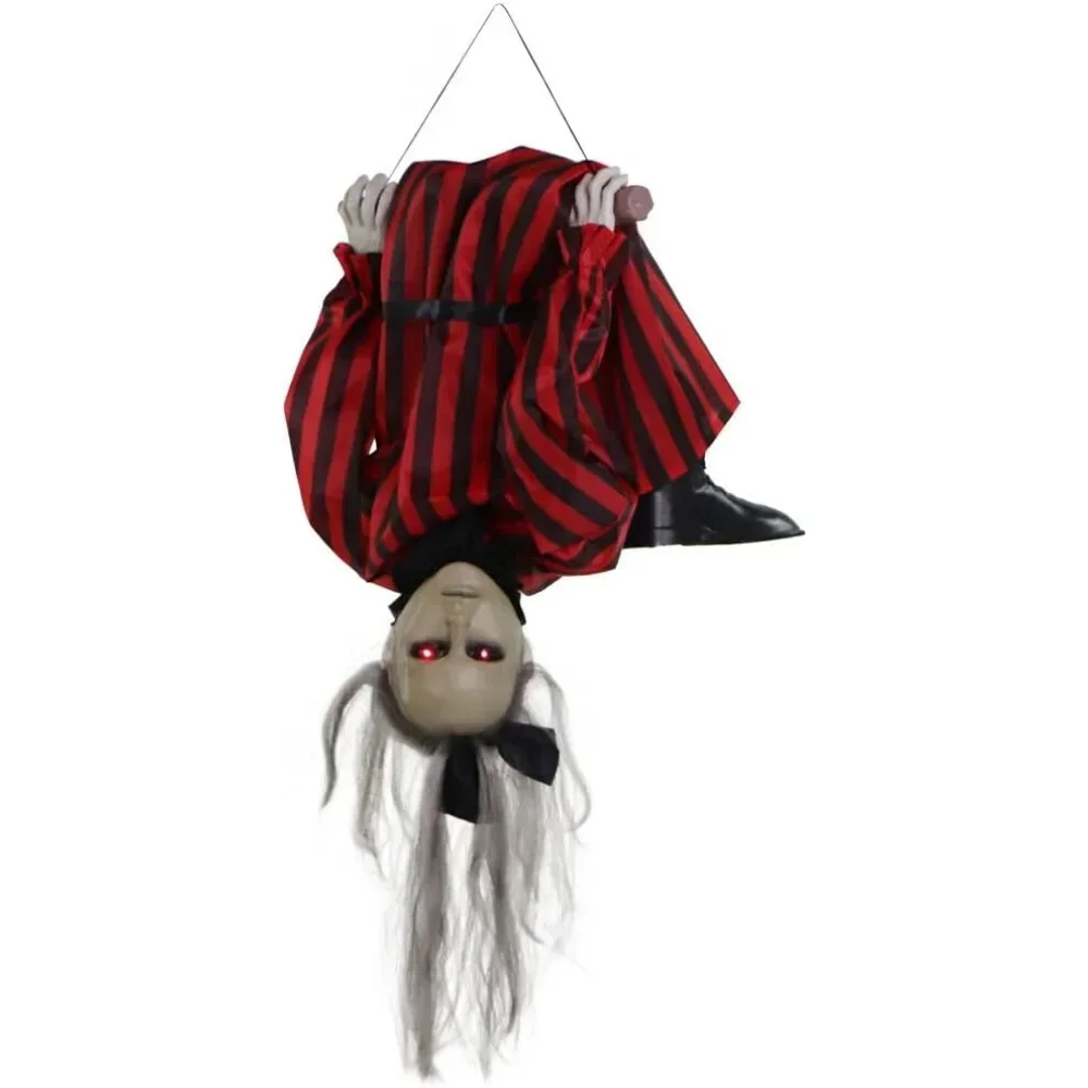 

Upside-Down Zombie Woman Animatronic with Trapeze, Sound, and Light-Up Eyes for Scary Hanging Halloween Decoration Props