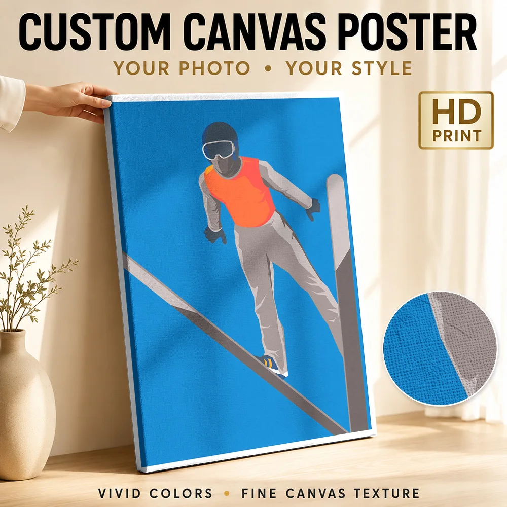 Ski Jumper Silhouette Framed Canvas Poster Personalized Photo Modern Aesthetic Canvas Wall Art for Bedroom Decor Ready to Hang