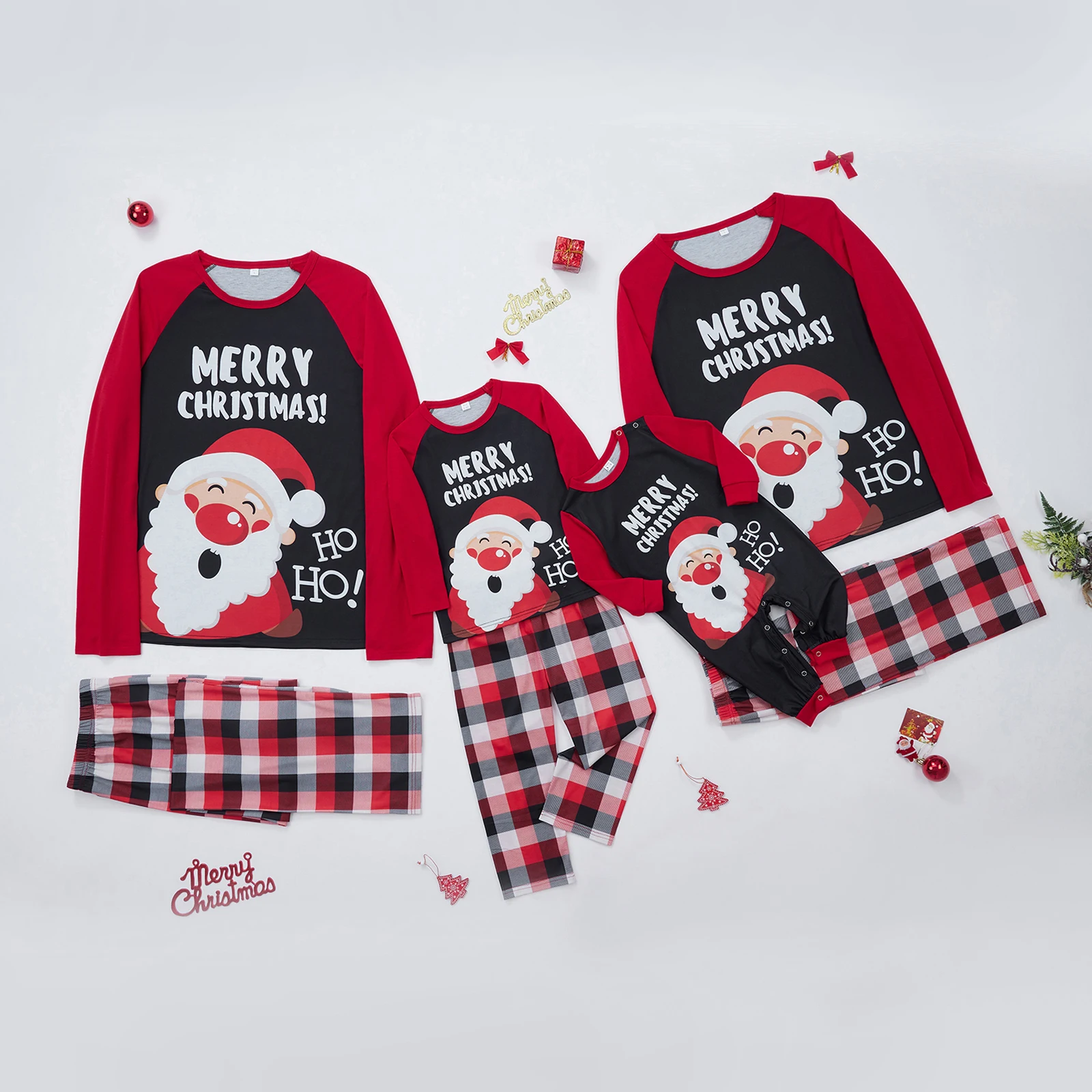 Pijamas familiares a juego de Navidad para adultos y niños, Tops con estampado de Papá Noel y pantalones casuales a cuadros, ropa de dormir