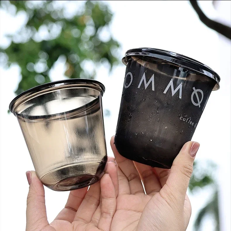 100pcs 89mm Caliber Transparent Cup with Lid Disposable U-shaped Black PET Cold Drink Cups Juice Coffee Takeaway Packaging Mug