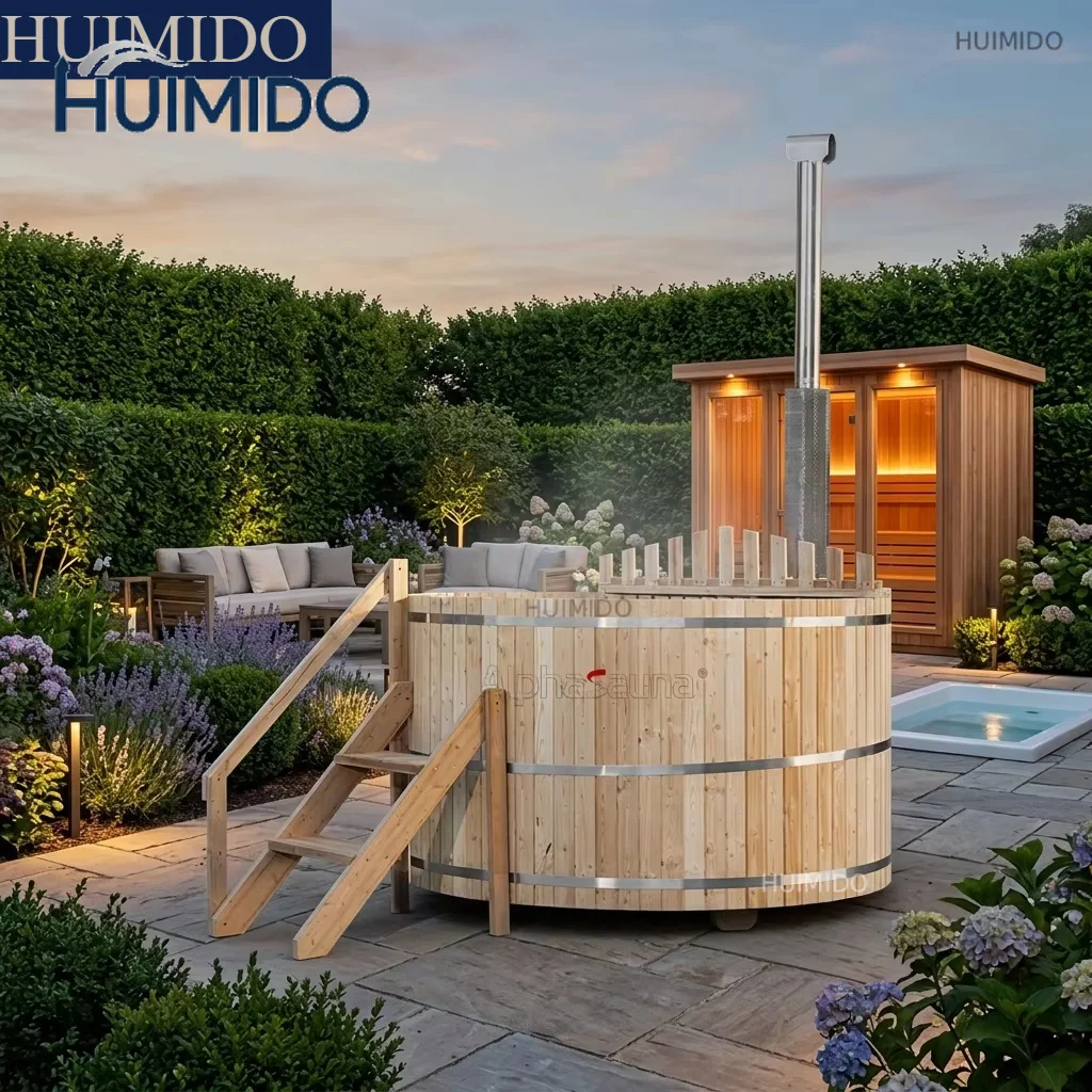 Outdoor wood fire heated bathtub, round wooden hydrotherapy Jacuzzi with built-in heater and steps, factory direct wholesale
