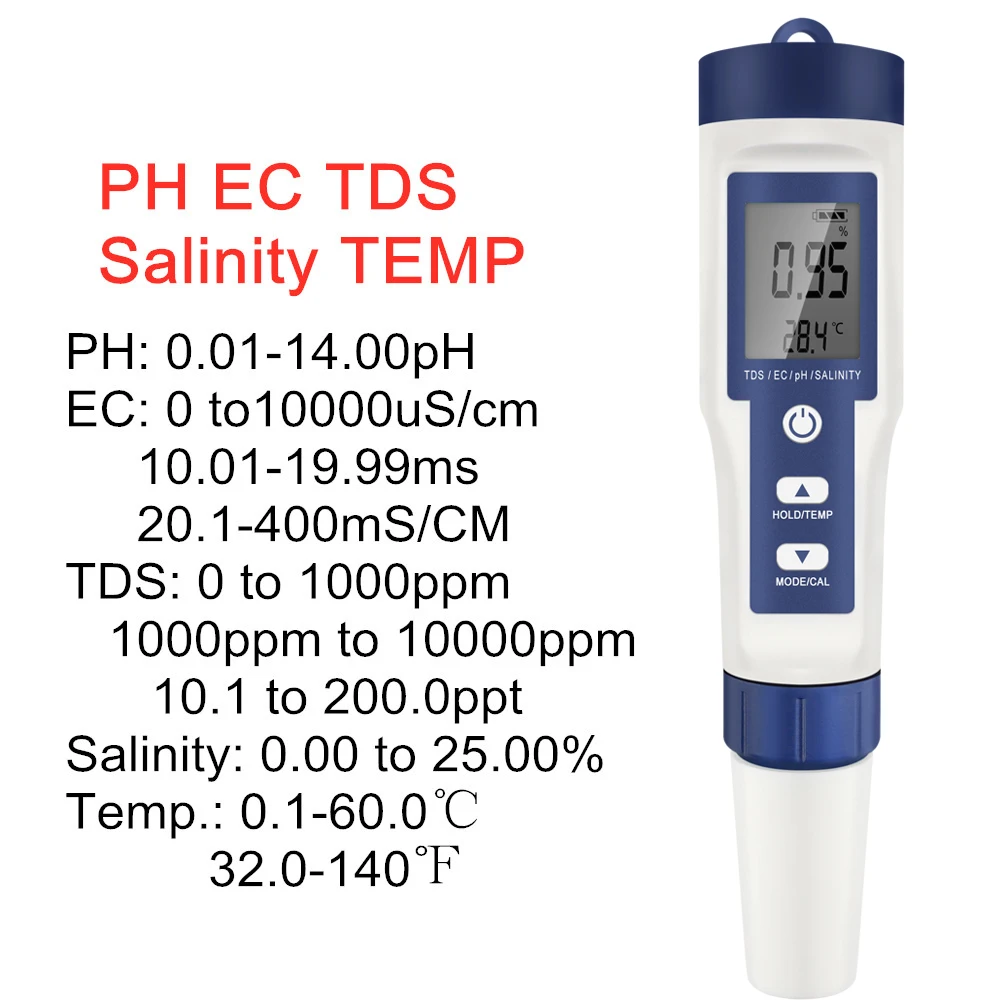 Multifunktions-Wasserqualitätstester PH/TDS/EC/Salzgehaltstester LCD Digitales Wasserreinheits-Temperaturmessgerät für Pools und Aquarien