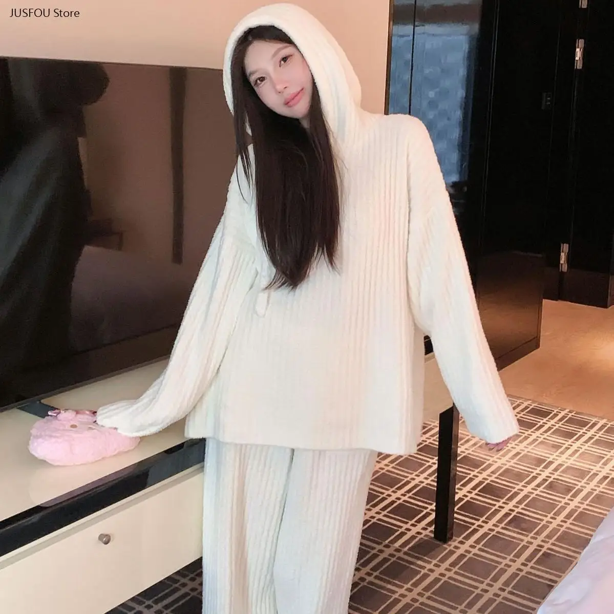 Women Autumn Winter New Half Sided Fleece Hooded Pajama Set Lazy Style Thick Warm Soft Casual Cozy Loungewear Sleepwear Suit