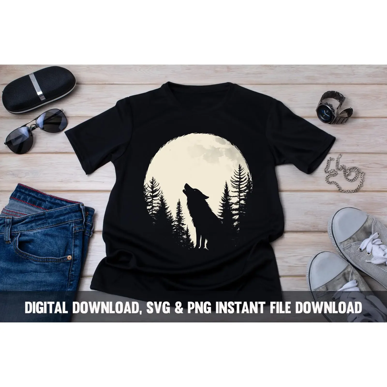 Howling Wolf Moonlight Design Nature Lover PNG SVG Digital Download vintage Washed Versatile graphic fashion Stretched