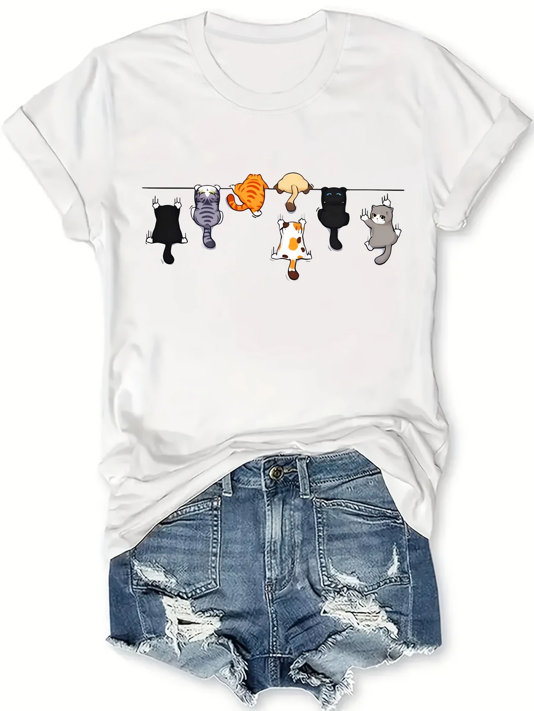 Women's Cute Cat Print T-Shirt - Casual Round Neck Short Sleeve Top with Stretch Fabric Machine Washable image 2