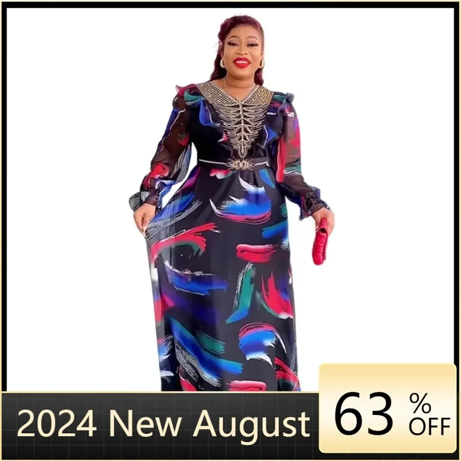 

2024 African Dresses for Women Plus Size Evening Party Long Dress Africa Clothing Elegant Kaftan Muslim Chiffon Maxi Dress