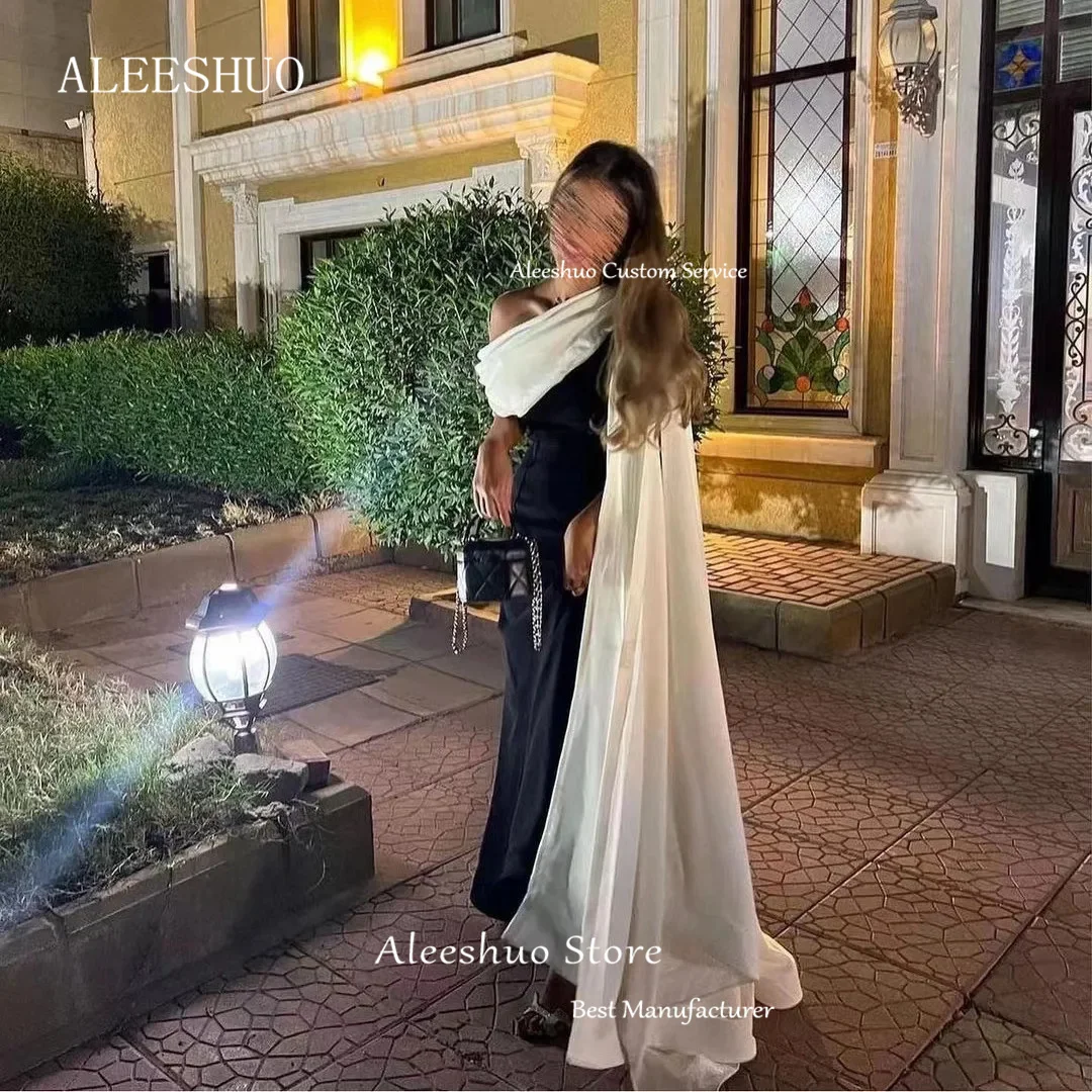 Aleeshuo Modern Black and White Prom Dresses Long Cape Sleeve Maid of Honor Formal Party Evening Gowns Zipper Back Saudi Arabic