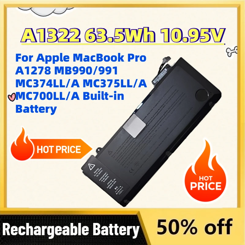 Upgrade A1322 63.5Wh 10.95V Laptop Battery for Apple MacBook Pro A1278 MB990/991 MC374LL/A MC375LL/A MC700LL/A Built-in Battery