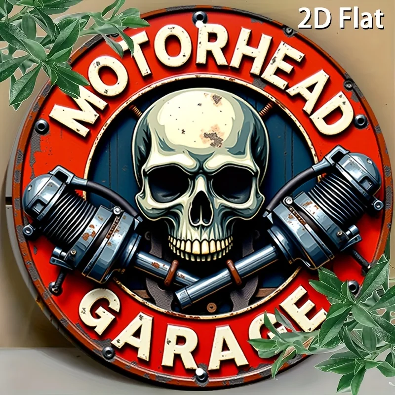 Vintage 2D flat round iron sign, each piece featuring a metal skull pattern—vintage rustic metal wall art, round iron sign, metal wall decoration