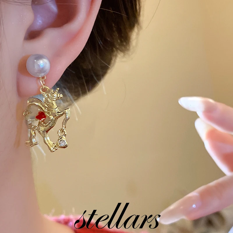

Silver Needle Pearl Zodiac Year Pony Pendant Earrings Vintage Palace Style Temperamental Light Luxury High-End Women's Jewelry
