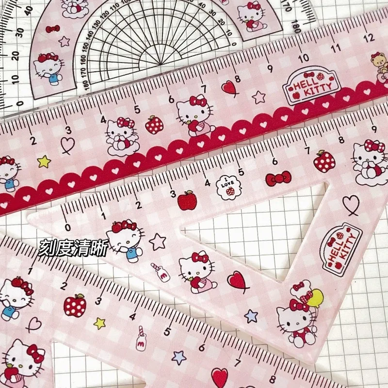 Cute Hello Kitty Print Ruler Set for WomenandGirls:Kawaii Cartoon Measuring Tool Kit with Straight Ruler,Triangle,and Protractor