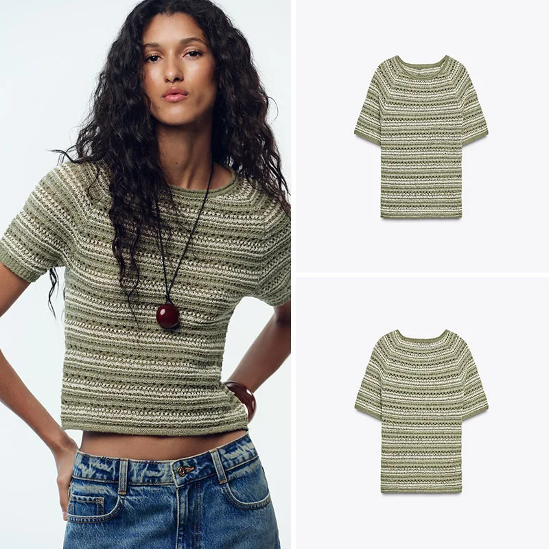 

New Women's Knitted ort Sve Top with Structural Sensation Summer 2025 Commute Sle round Ne Regular Length