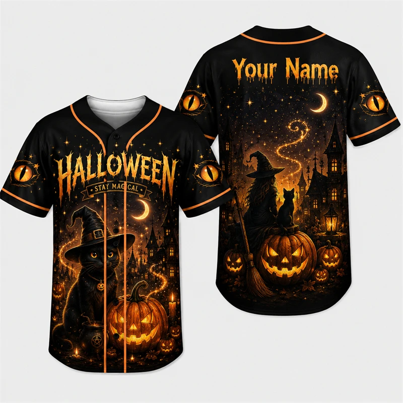 Personalized Ghost Black Cat Halloween Baseball Jersey For Men Women Custom Your Name 3D Print Unisex Horror Theme Cosplay Tops