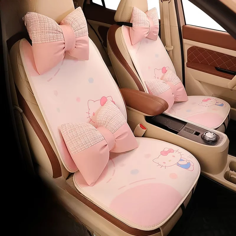 

HelloKitty Cartoon Car Short Plush Cushion Pink Bow Neck Pillow Waist Support Kawaii Car Cushion Warm 4 Seasons Universal