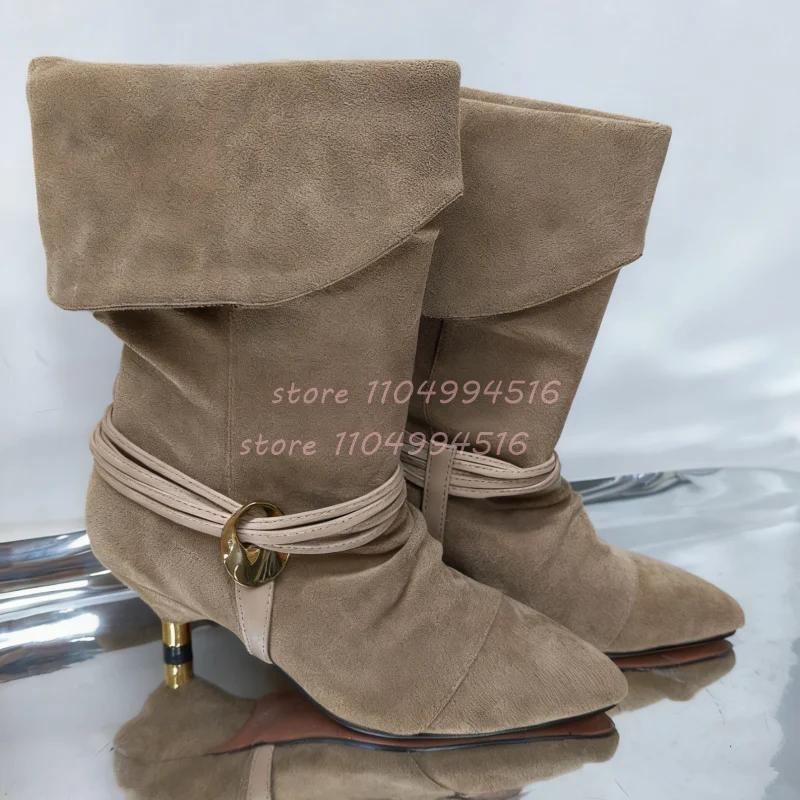 هامش ديكور معدني كعب رقيقة أحذية بوت قصيرة النساء مطوي أشار تو حذاء من الجلد الموضة العصرية الخريف الشتاء حفلة سيدة الأحذية #5