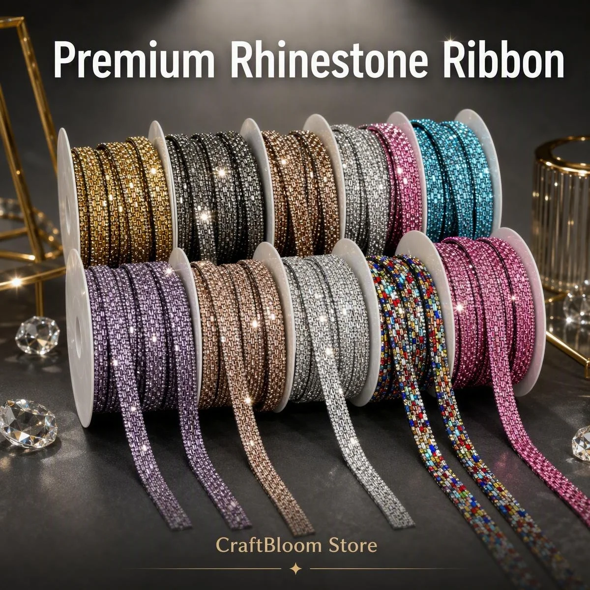 14mm Rhinestone Ribbon Trim 55 Yards Sparkling Crystal Diamond Band DIY Sewing Bow Phone Strap Craft Decoration Accessories