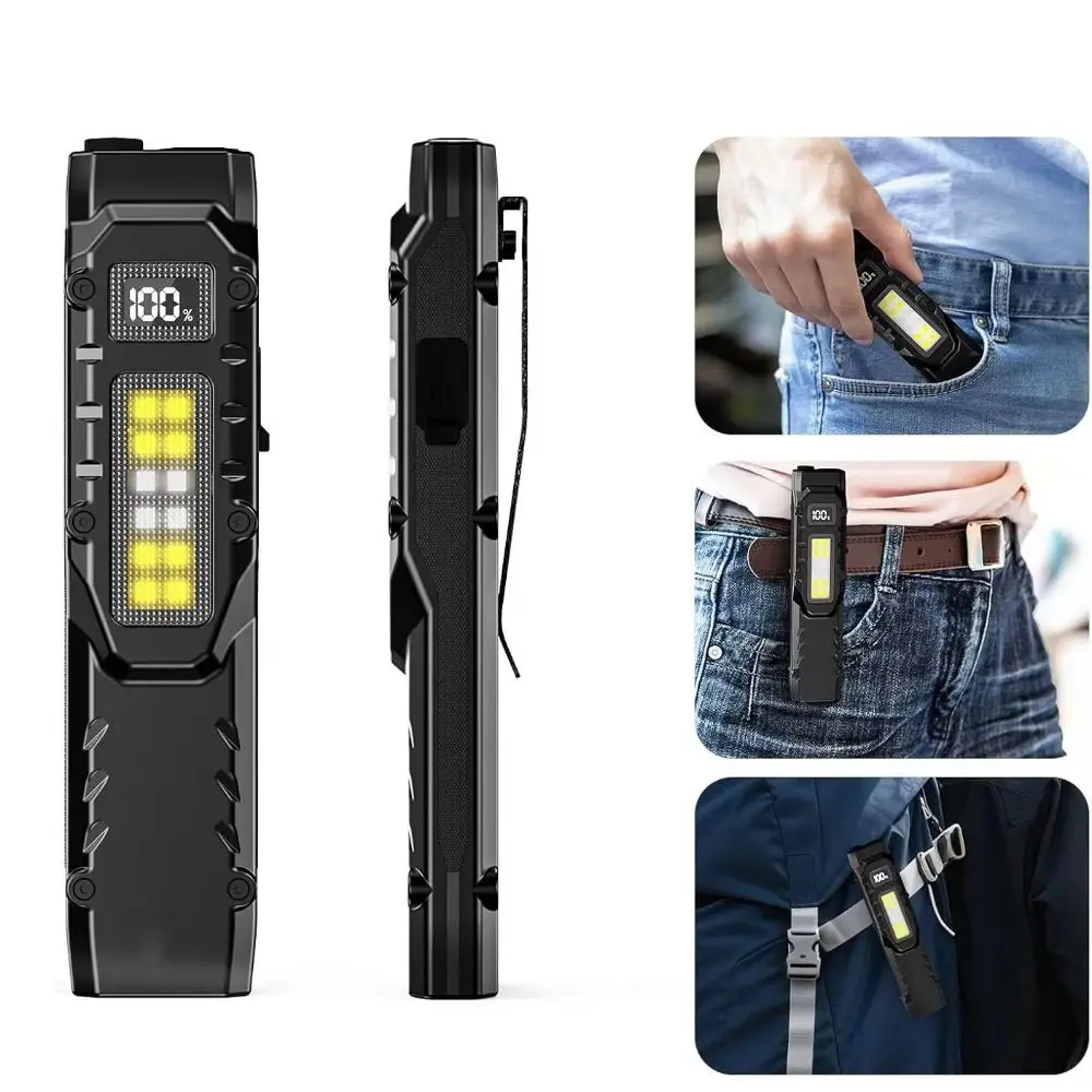 Digital Display LED Ultra-thin Flashlight Portable IPX4 Waterproof Mini Camping Light Rechargeable Double Switch