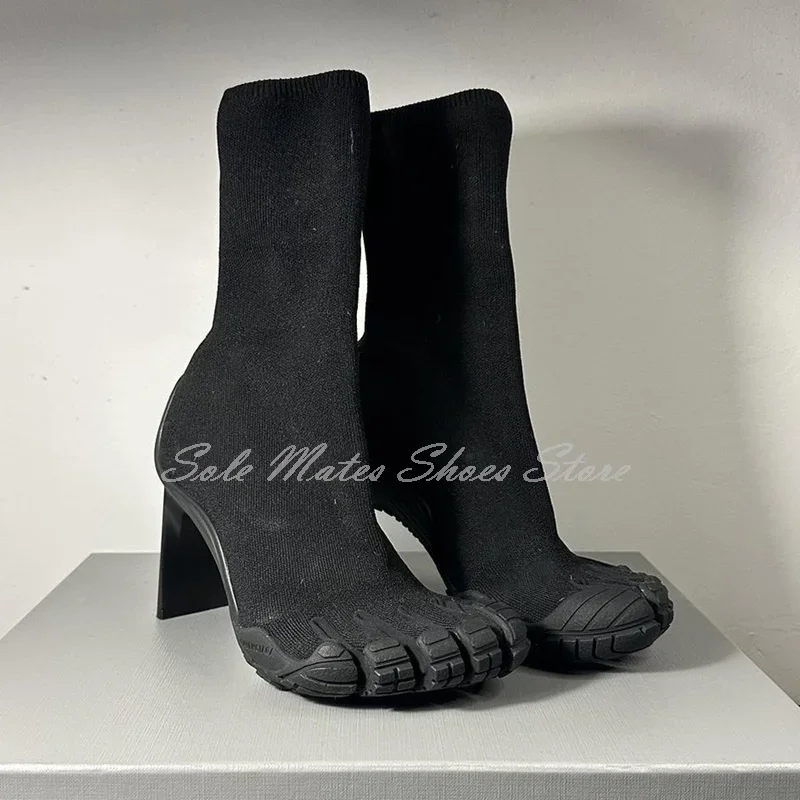 

Black Five-Finger High Heel Elastic Boots Fashion Knitted Slip On Women's Ankle Boots Versatile Outdoor Socks Boots Autumn