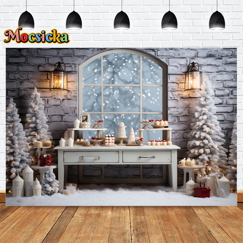 Mocsicka Photography Background Merry Christmas Dessert Xmas Tree Window View Birthday Family Portrait Cake Smash Studio Photo