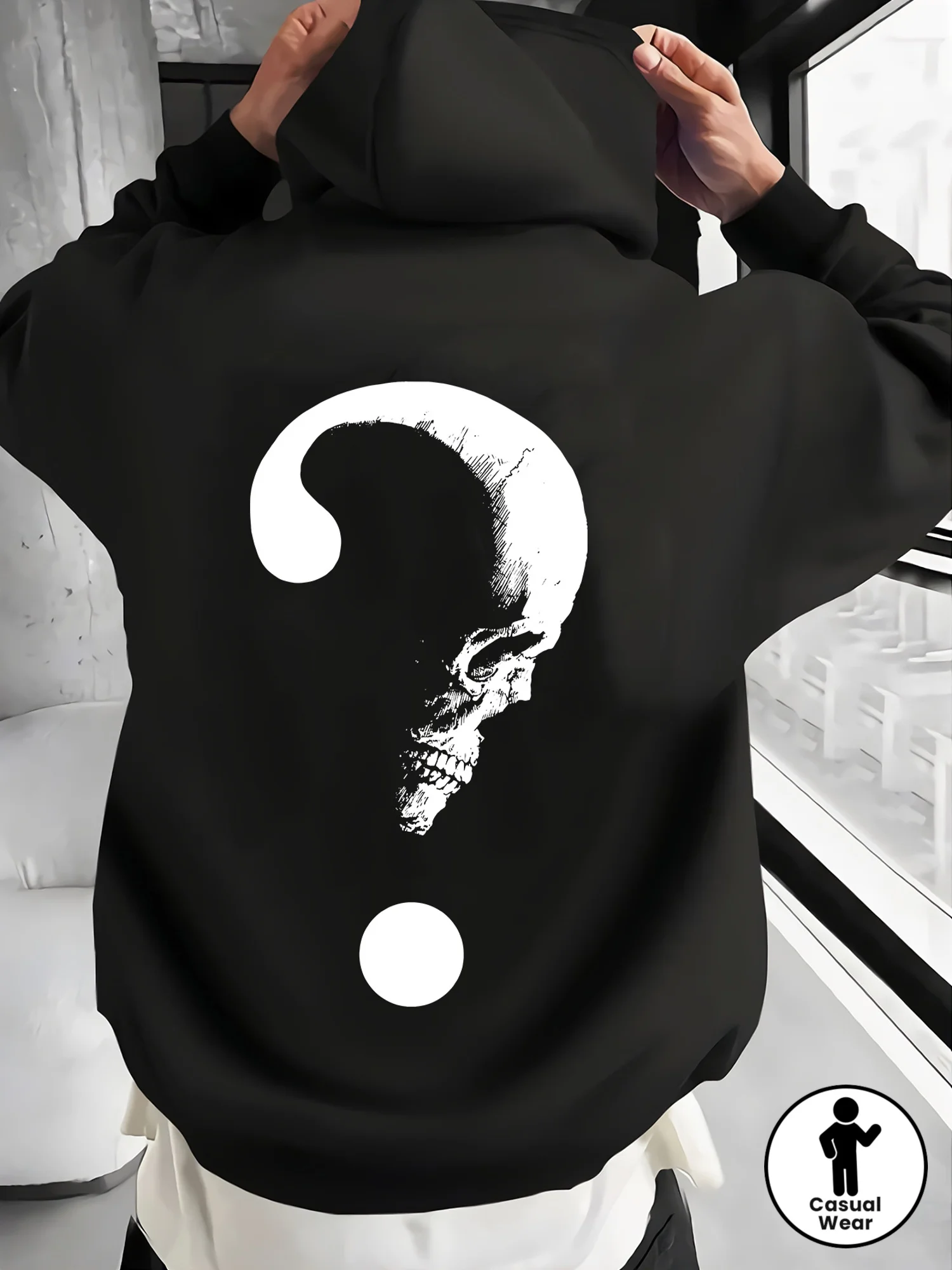Gothic cool and trendy street casual fashion men's hip-hop sportswear warm hoodedshirt,with mysterious skull question mark print
