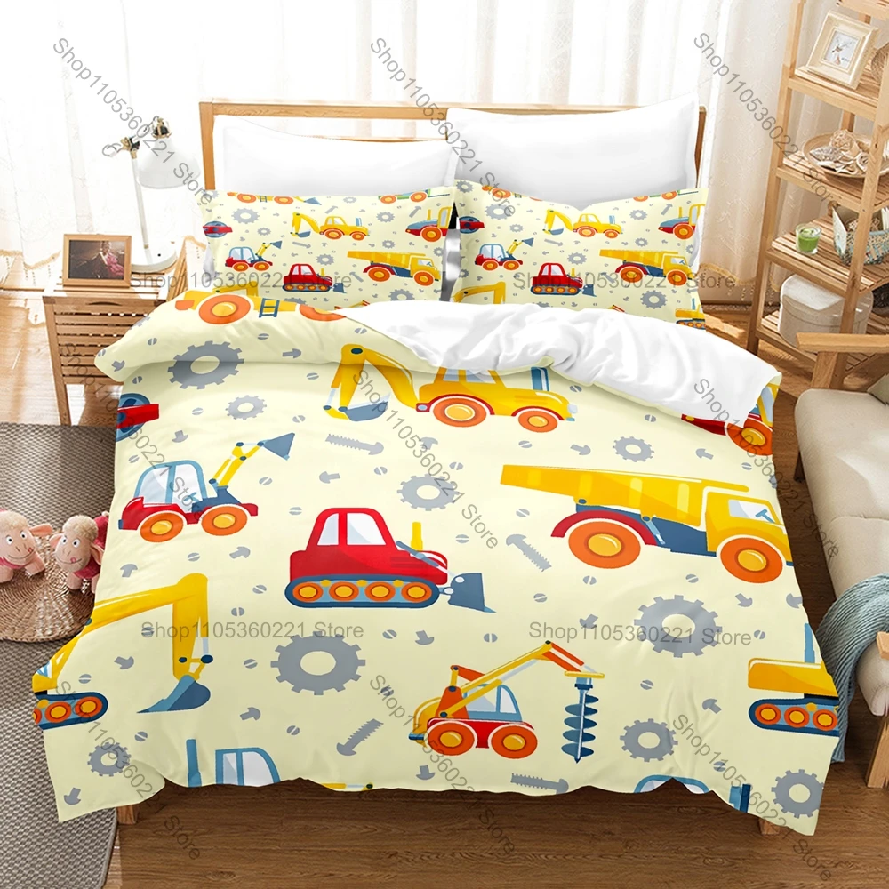 Cute Kawaii Excavator Print 3-Piece Bedding Set Soft Microfiber Duvet Cover Set for Kids Truck Pattern Bed Set with Pillowcases