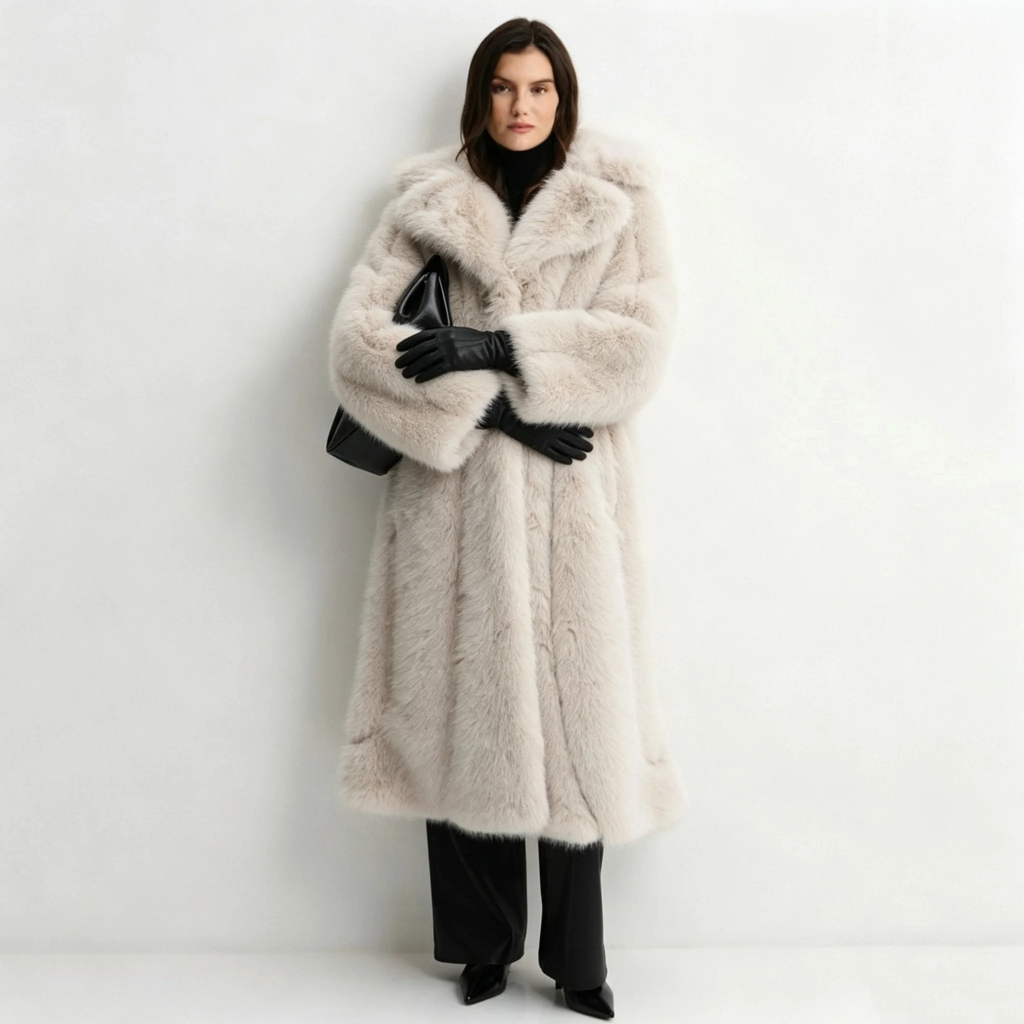 RU Women Faux Fur Long Coat Wide Lapel Collar Thick Warm Plush Autumn Winter Loose Fashion Outerwear Jacket