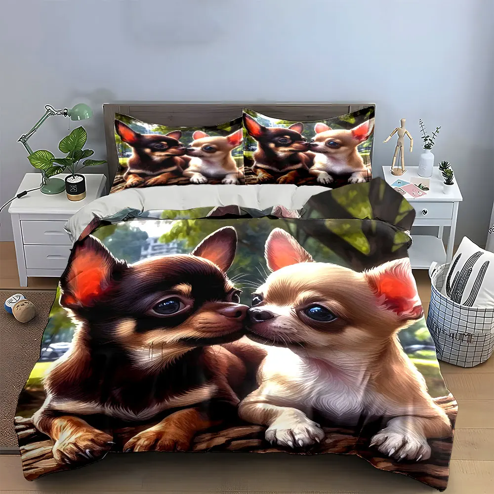 Cute Chihuahua Set for Decoration Bedding Set with 1 Duvet Cover 2 Pillowcases Single Double King Queen, Gift