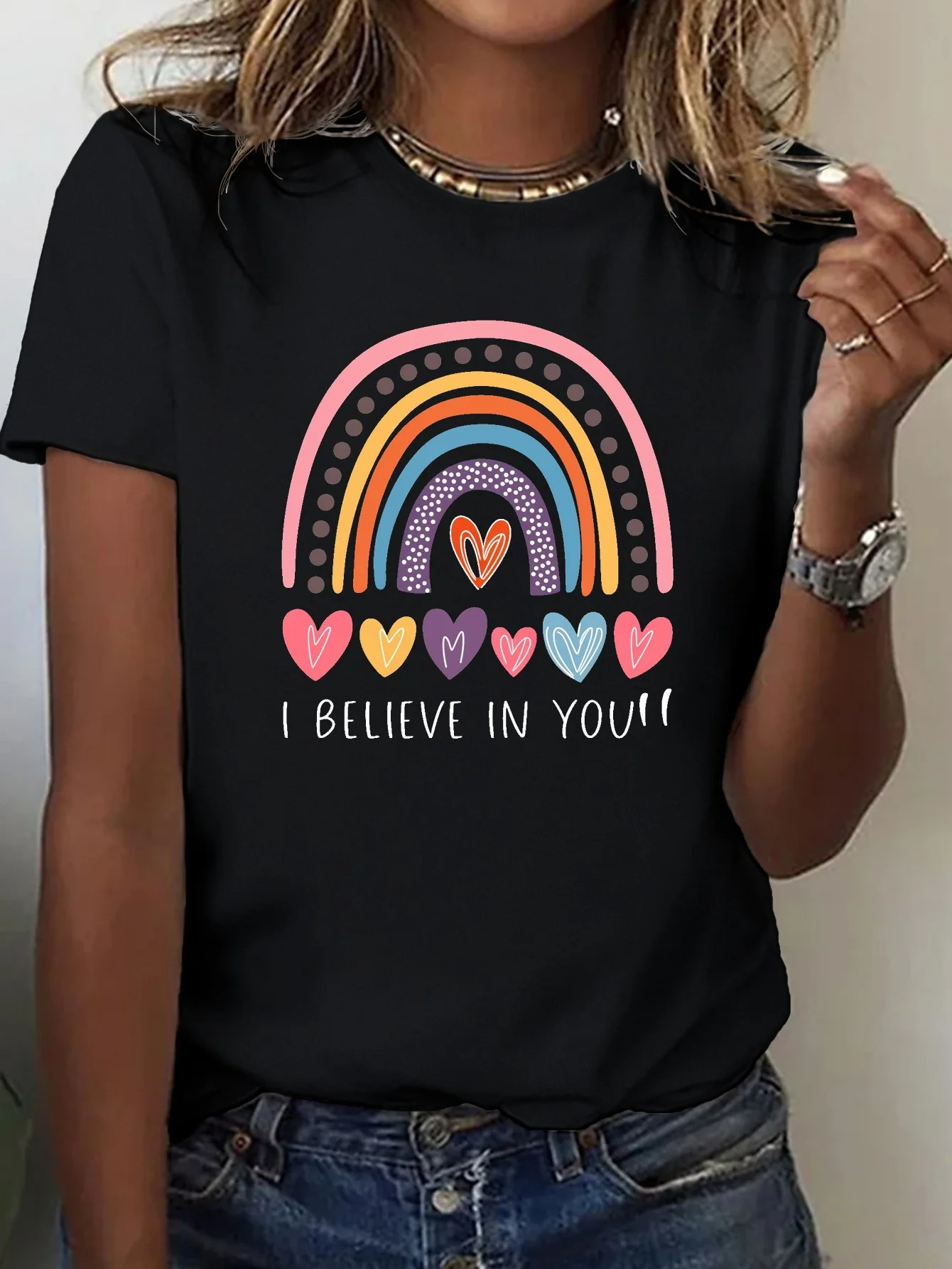 

I Believe in You, женская удобная посадка в стиле Харадзюку, повседневная женская одежда с короткими рукавами, уличные топы, футболки, эстетичная одежда