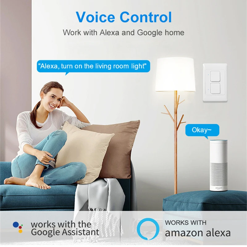 Tuya WiFi Light Switch Smart Wall Push Button Switches No Neutral Required 110-240V 1/2/3 Gang Physical Lamp Switch APP Voice