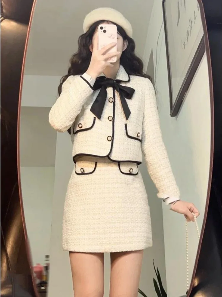 Temperament Outfits Fashion 2 Piece Sets Women Cropped Jackets High Waist button Mini Skirt Suit Korean Elegant Set Y2k Clothes