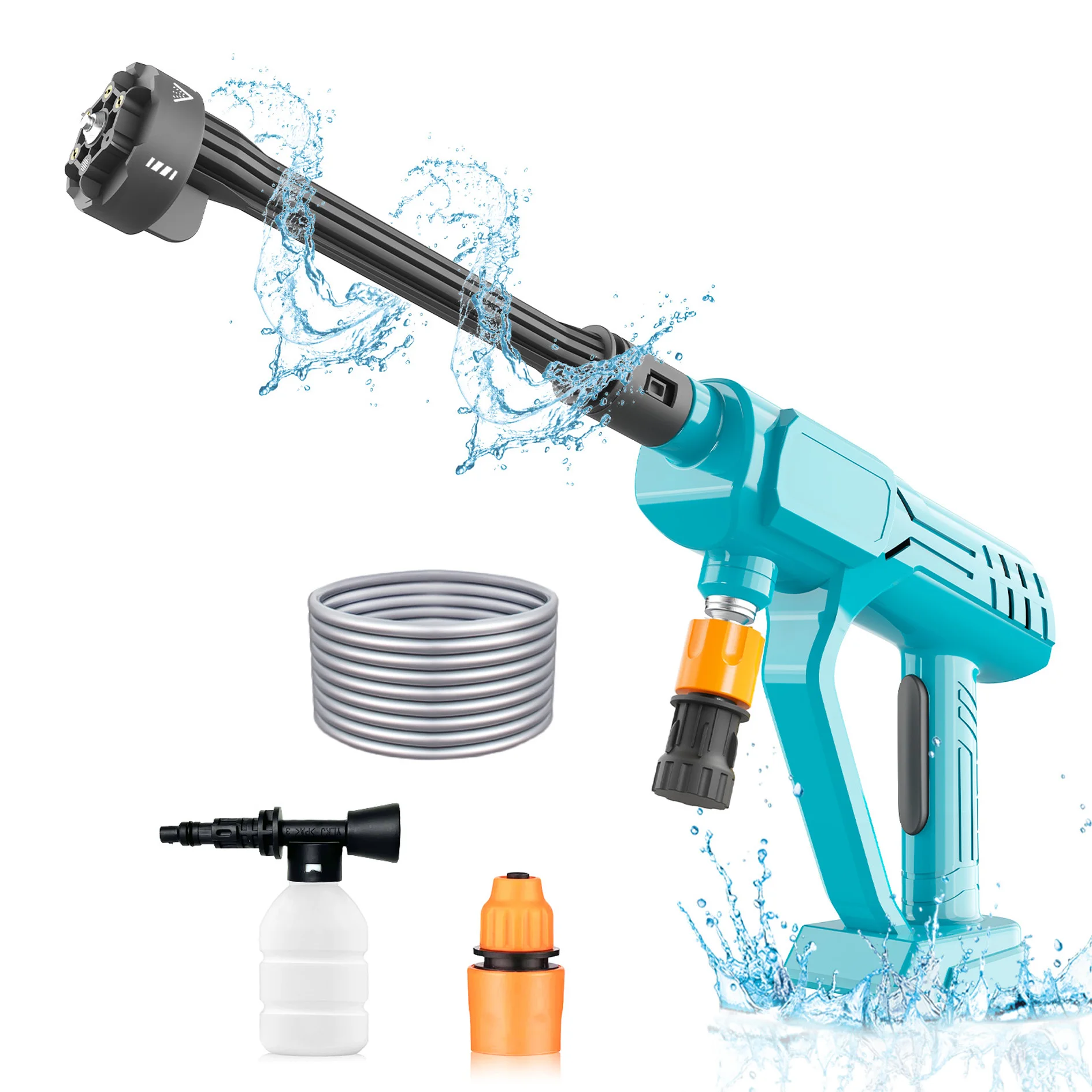 Kabellose Hochdruckreinigerpistole, kompatibel mit 18V-Akkuplattform, tragbare Hochdruck-Wassersprühpistole mit 6-in-1-Düse, Schaumkanone, 5m Schlauch, ideal für Autowäsche, Gartenreinigung und