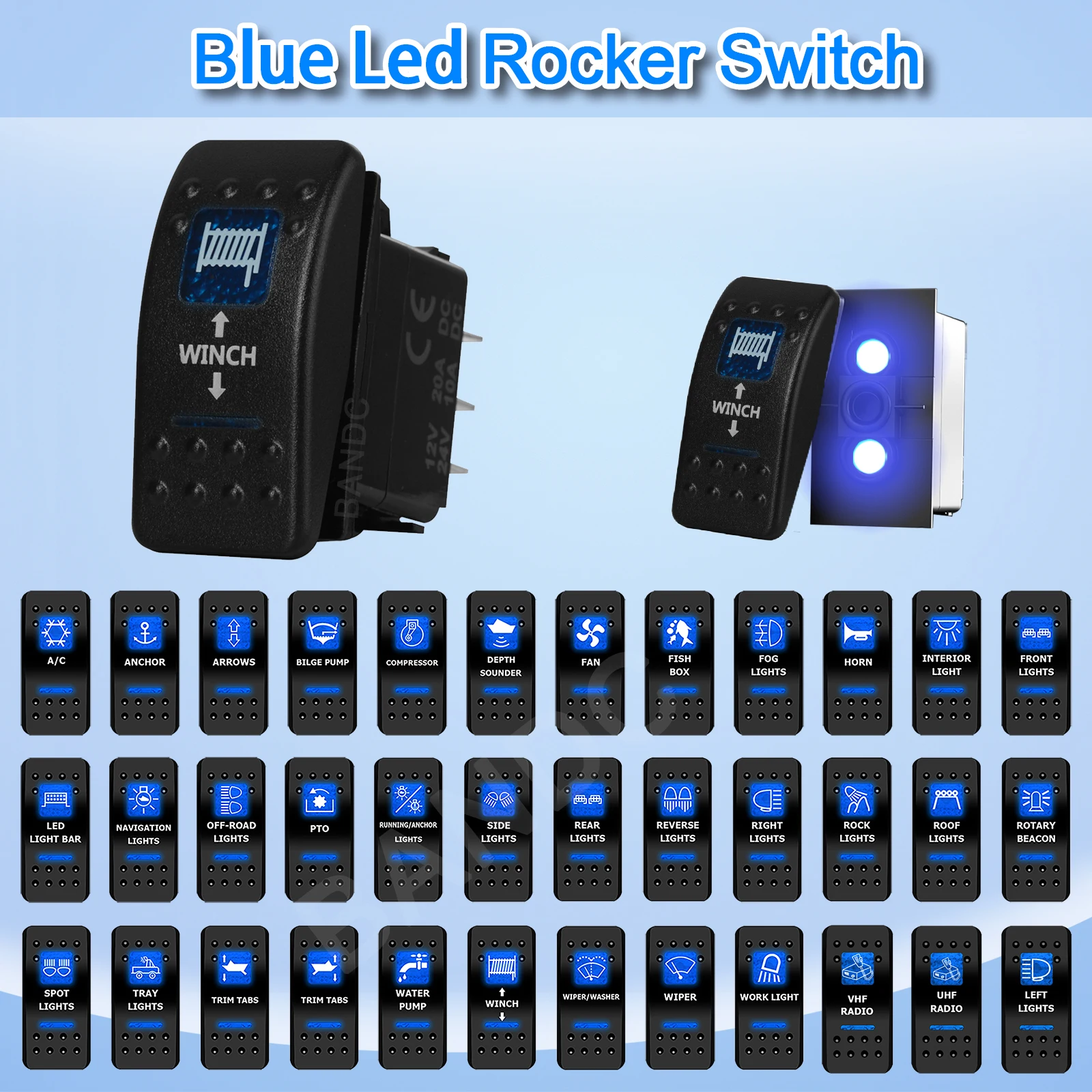 Blue Led Winch IN OUT Momentary Rocker Switch 7 Pin (ON)-OFF-(ON) DPDT Reverse Polarity 3 Way Toggle Switch for Car UTV ATV RV