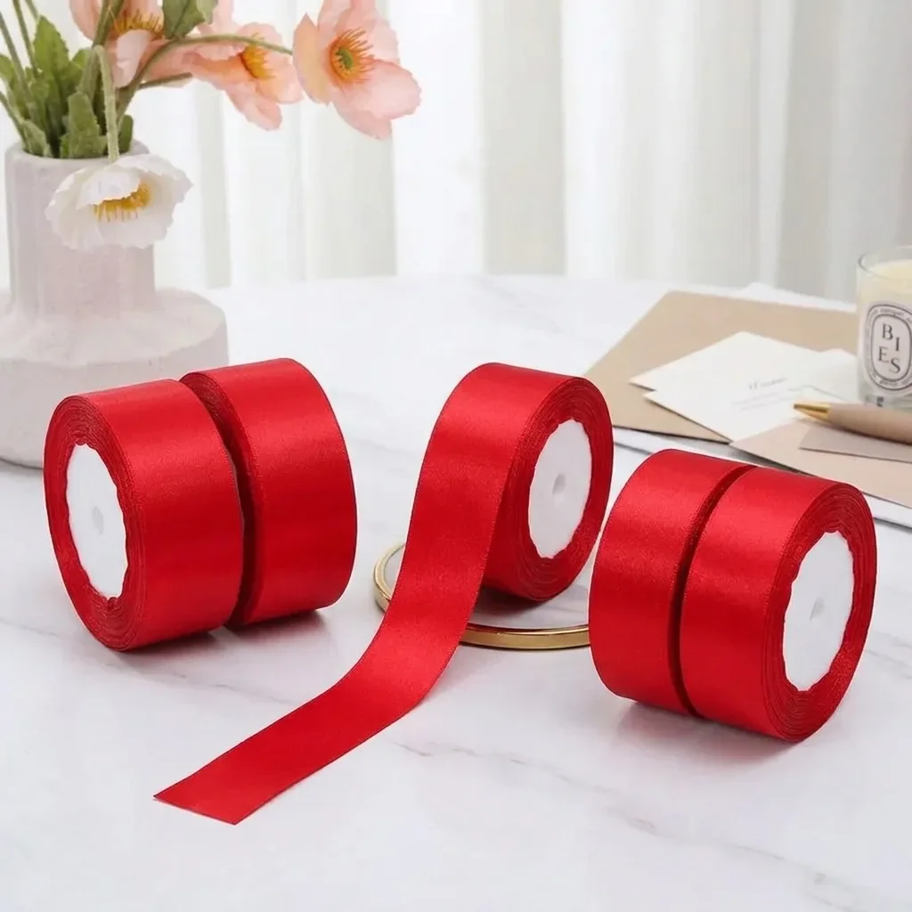 High Gloss Red Satin Ribbon 5 Rolls Gift Wrapping Decorative Ribbon For Birthday Wedding Christmas Party Gift Box Bouquet Floral DIY Craft Bow Decoration