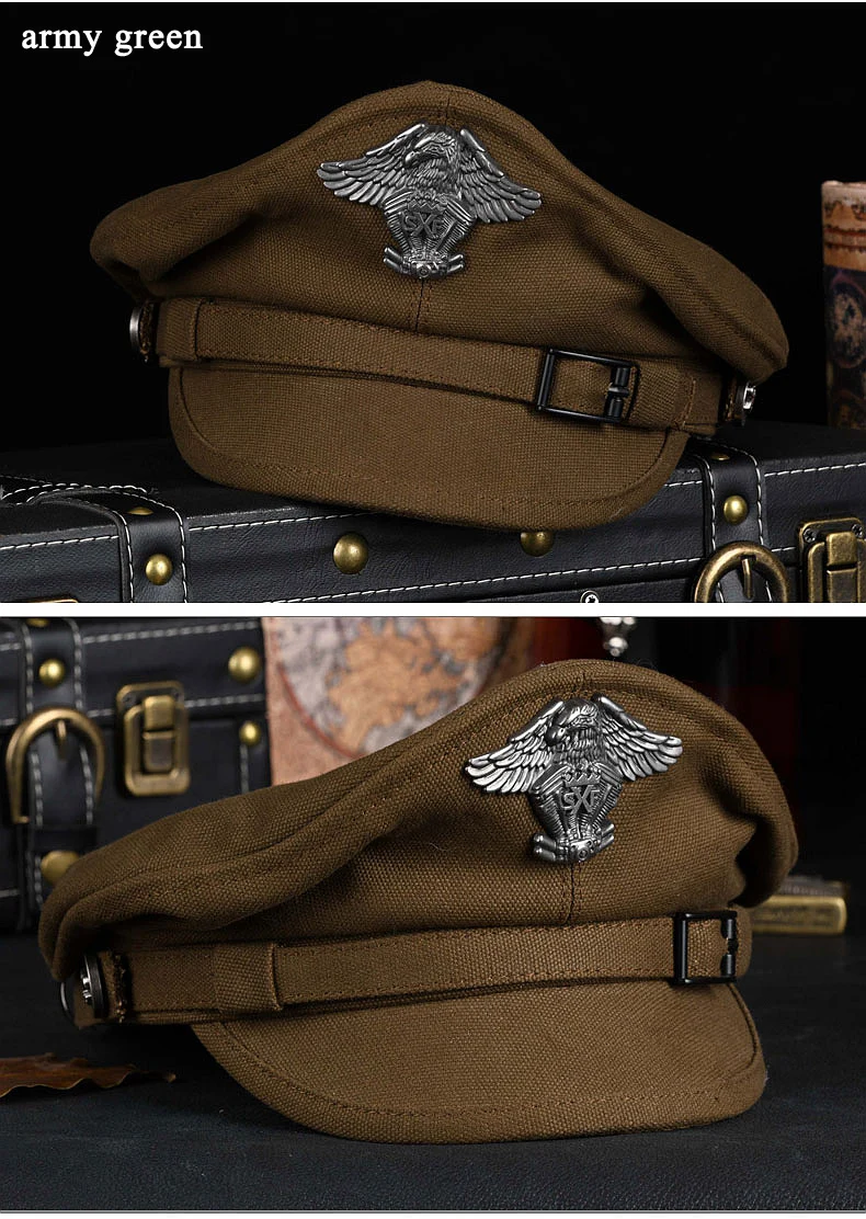 Retro 2024 Navy Peaked Sailor Cap Männer Frauen Frühling Armee Hut Männlich Leinwand Grau Adler Gürtel Lokomotive Casquette – Detail 10