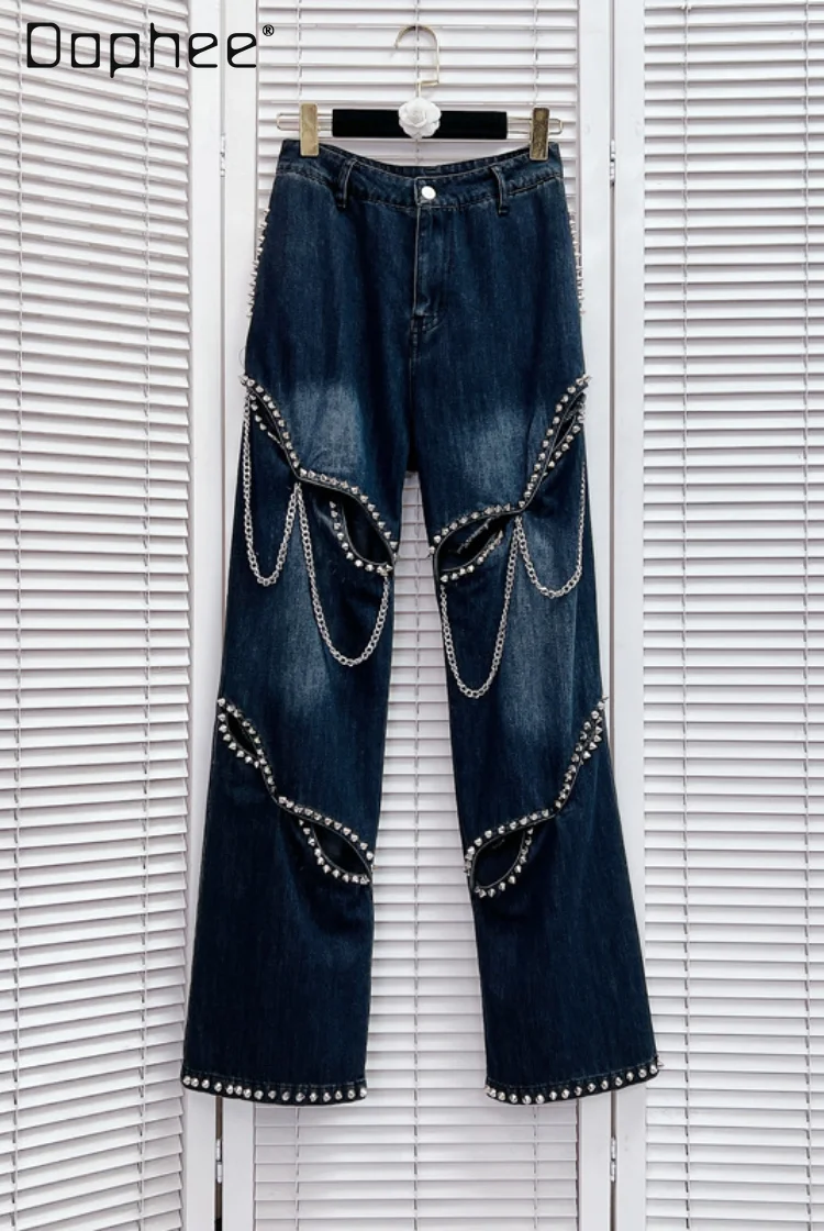 

Women's Rivet Chain Hollow Out Denim Pants Loose Casual Female Straight Jeans Long Pants Female Street Fashion Trousers