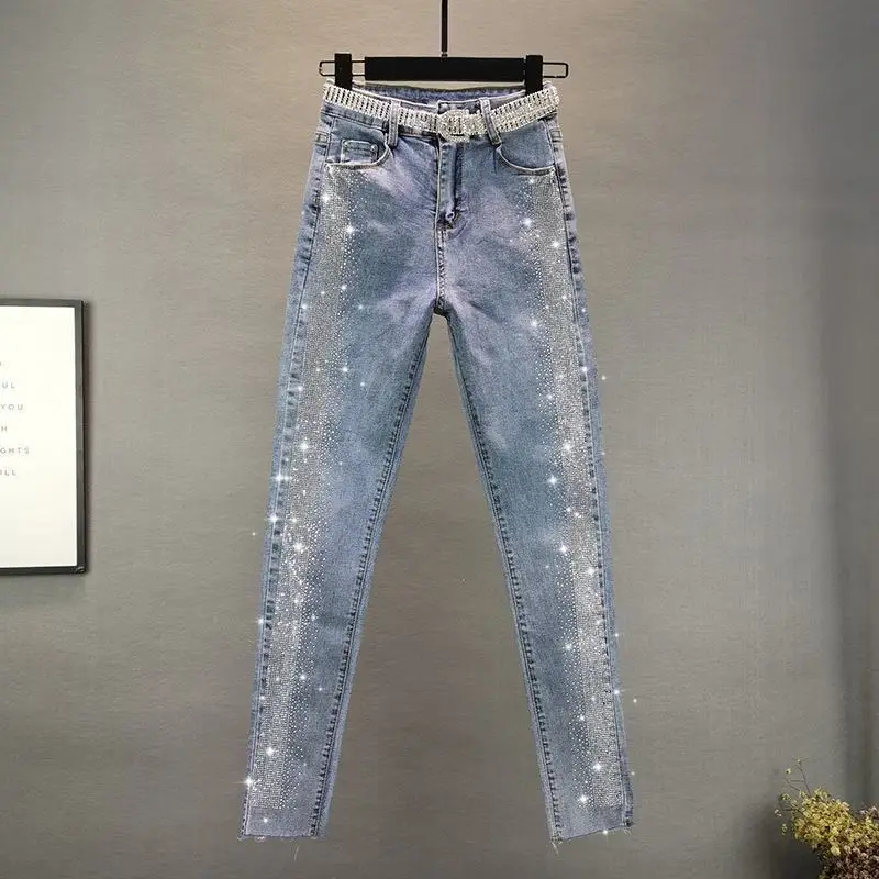 Women Rhinestone High Waist Jeans Slim Fit Casual Solid Color Denim Pants Spring Autumn All-matched  Raw Edge Ankle-Length Pants