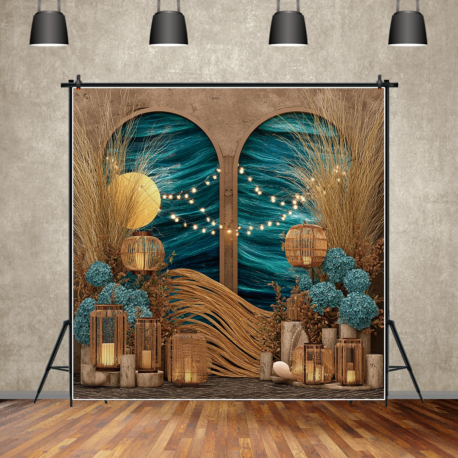 MOON.QG Boho Draping Flowers Backdrops For Photography Pampas Grass Arch Curtain Backgrounds Photocall Shooting Party Supplies #2