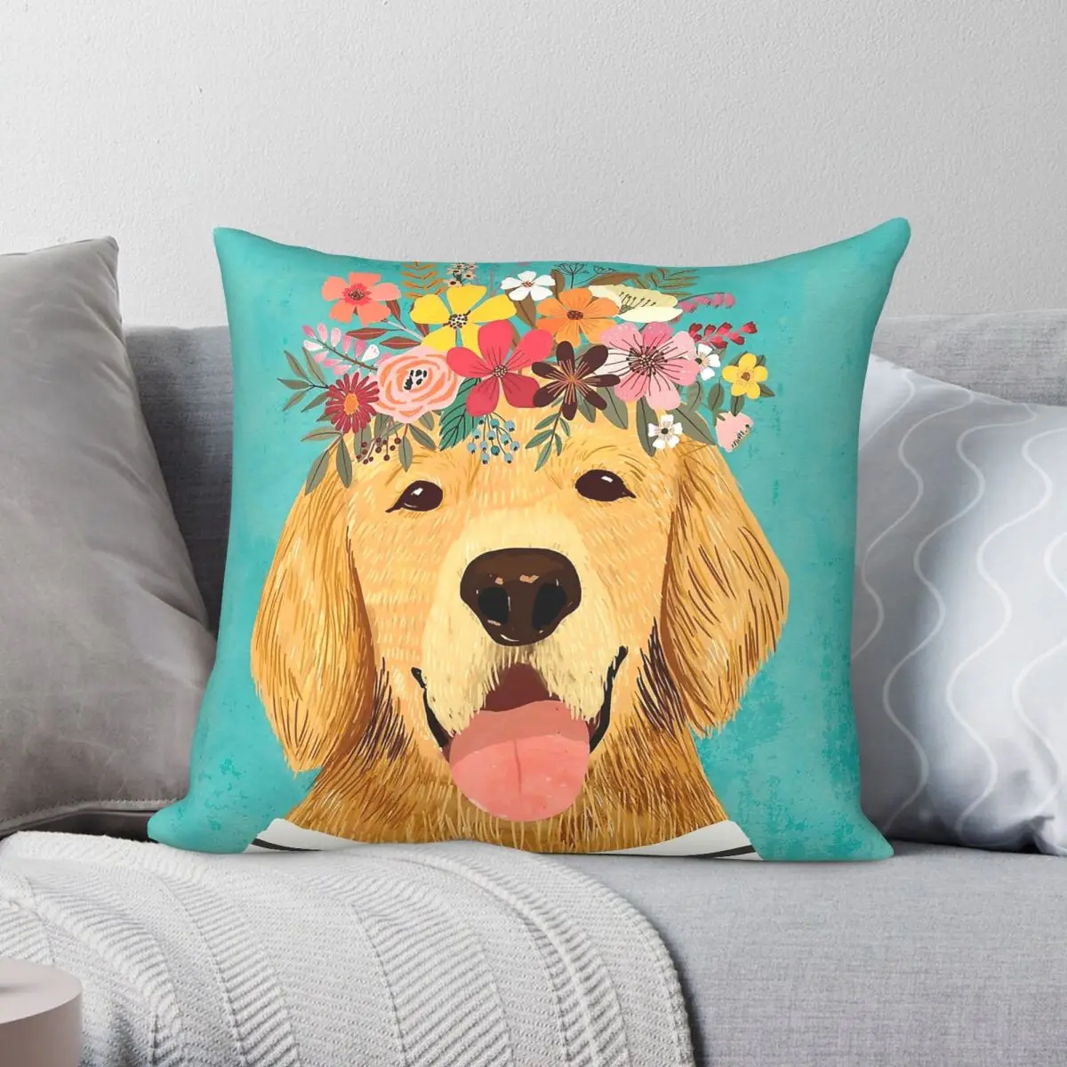 Golden Retriever Dog Flower Crown Square Pillowcase Polyester Linen Velvet Pattern Zip Decor Sofa Cushion Cover