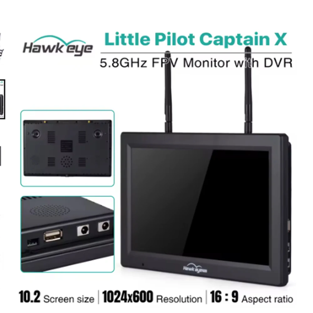 Hawkeye Little Pilot Captain X FPV Monitor with DVR 5.8G 60CH 10.2 Inch Dual Receivers 1024x600 LED 16:9 NTSC/PAL Auto Search