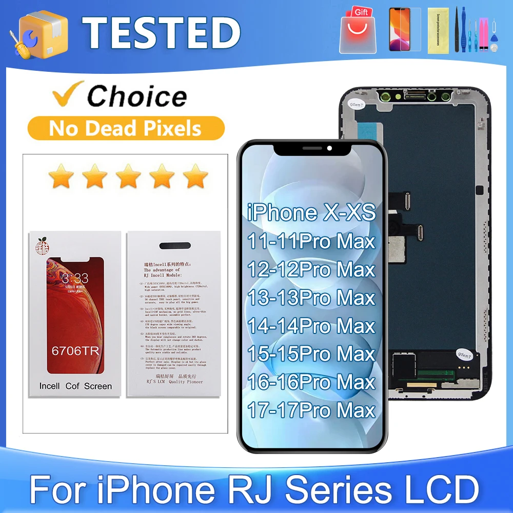 RJ LCD INCELL For iPhone X XS XR 11 12 13 14 15 16 17 Pro Max Plus LCD Display Touch Screen Digitizer Assembly Replacement